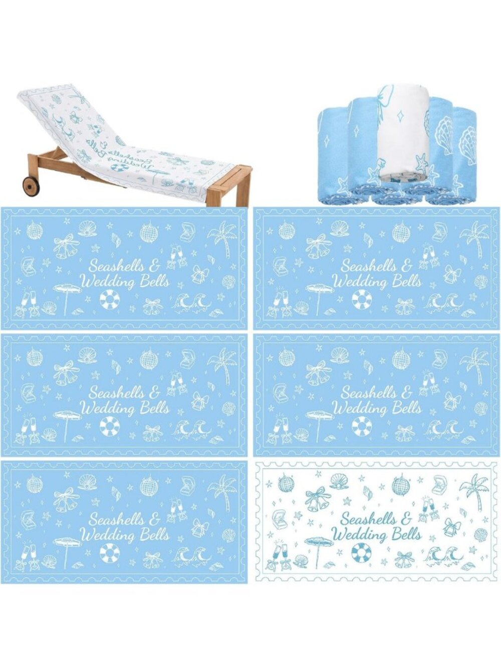 6 Pcs Beach Towels Set - Seashell & Wedding Bells Design, 30"x60", Perfect for